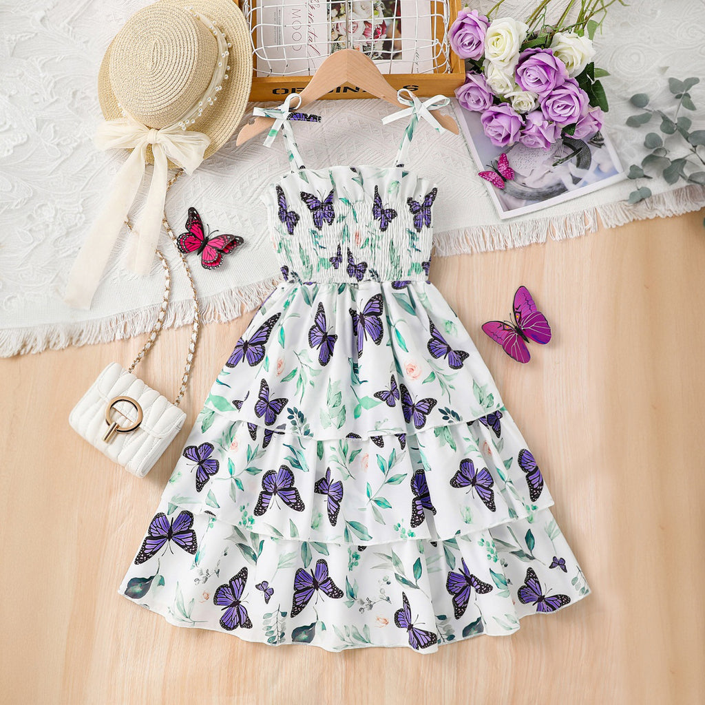 Girls White Butterfly Printed Sleeveless Smocked Fit And Flared Summer Dress Casual Dresses White 3-4 Y