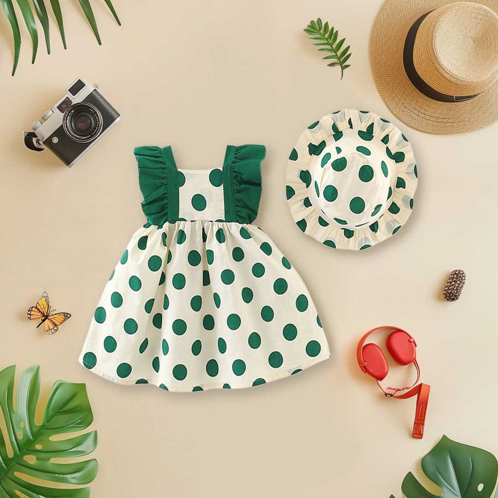Girls Polka Dot Print Flutter Sleeves Dress Casual Dresses Green 1-2 Y 