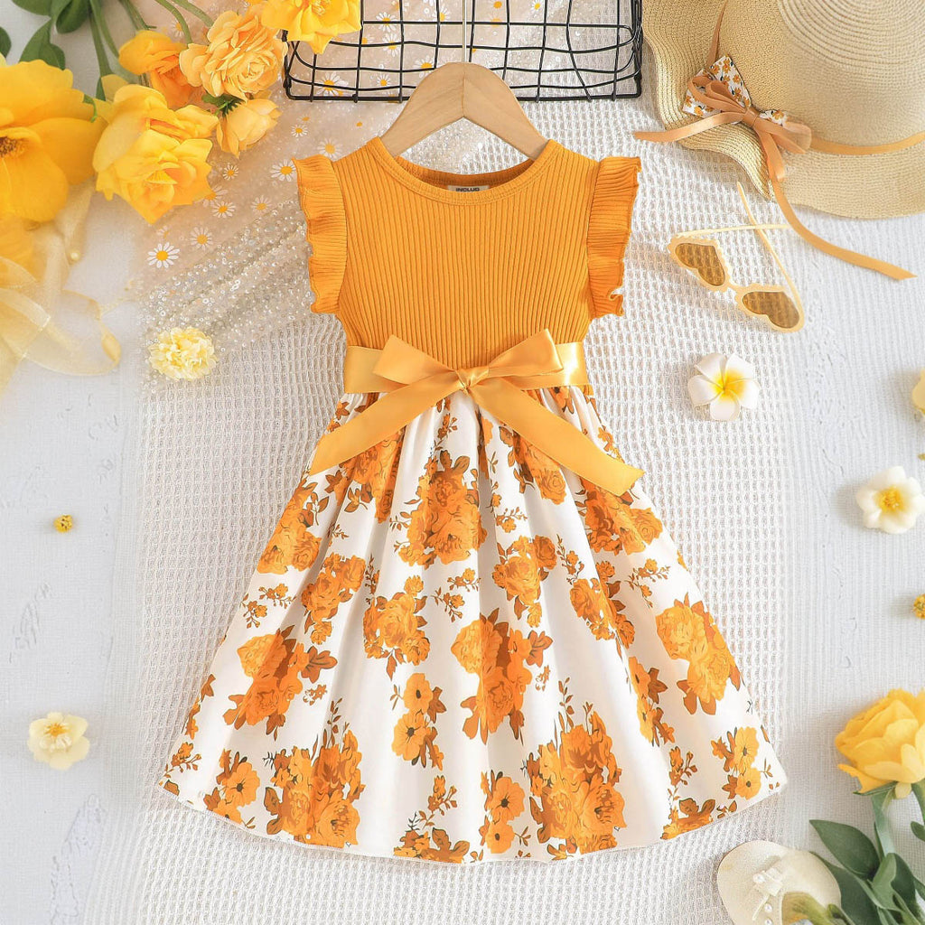 Girls Orange Floral Print Fit & Flare Dress Casual Dresses Orange 6-7 Y