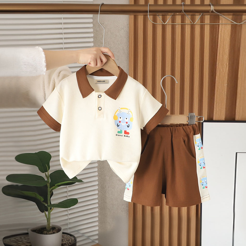 Boys Graphic Short Sleeve Polo T-Shirt With Brown Shorts Set 2 pc. Sets Brown 1-2 Y