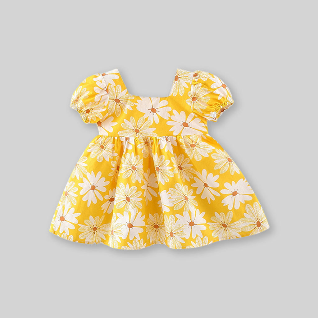 Girls Floral Print Puff Sleeves Dress With Bow Casual Dresses Yellow 1-2 Y 