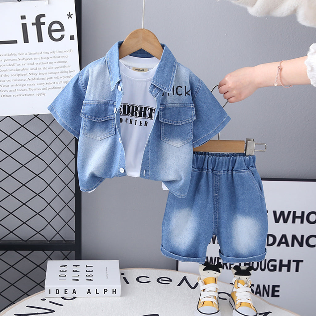 Boys Light Blue Denim Short Sleeves Shirt With Shorts Set 2 pc. Sets Light Blue 1-2 Y