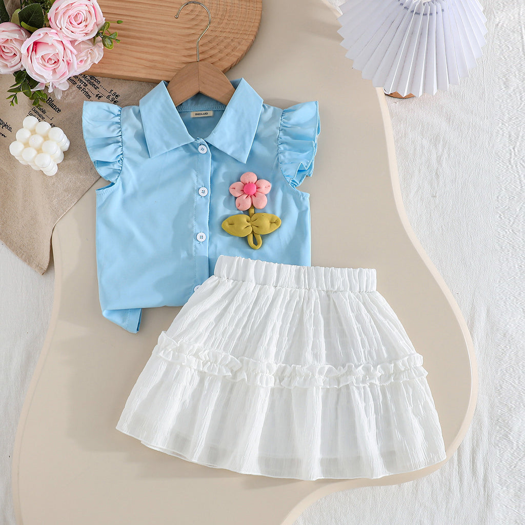 Girls Light Blue 3D Flower Appliqued Summer Top With Skirts Set 2 pc. Sets Light Blue 3-4 Y