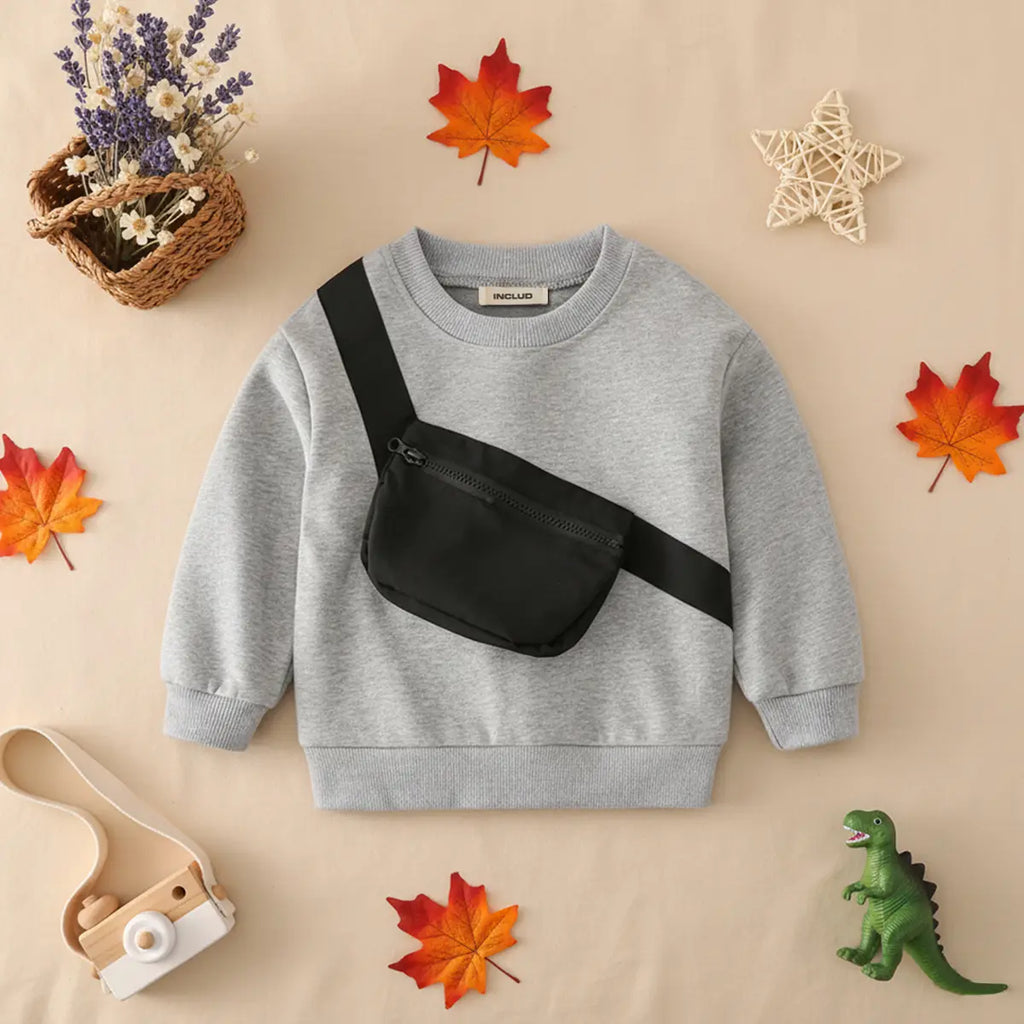 Boys Grey Solid Sweatshirt With Zipper Pouch Pocket Sweatshirts & Hoodies Grey 1-2 Y