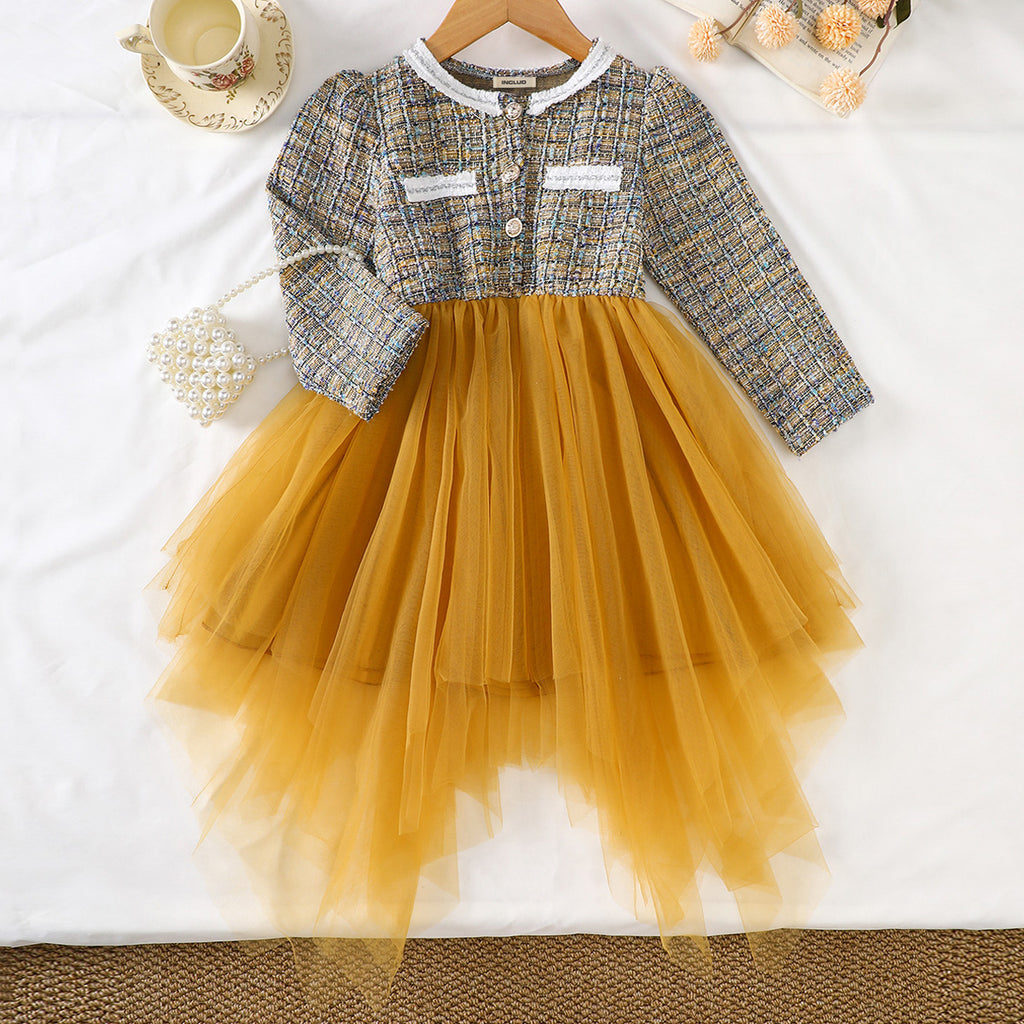 Girls Mustard Tweed Bodice with Handkerchief Hem Tulle Overlay Party Dress Party Dresses Mustard 3-4 Y