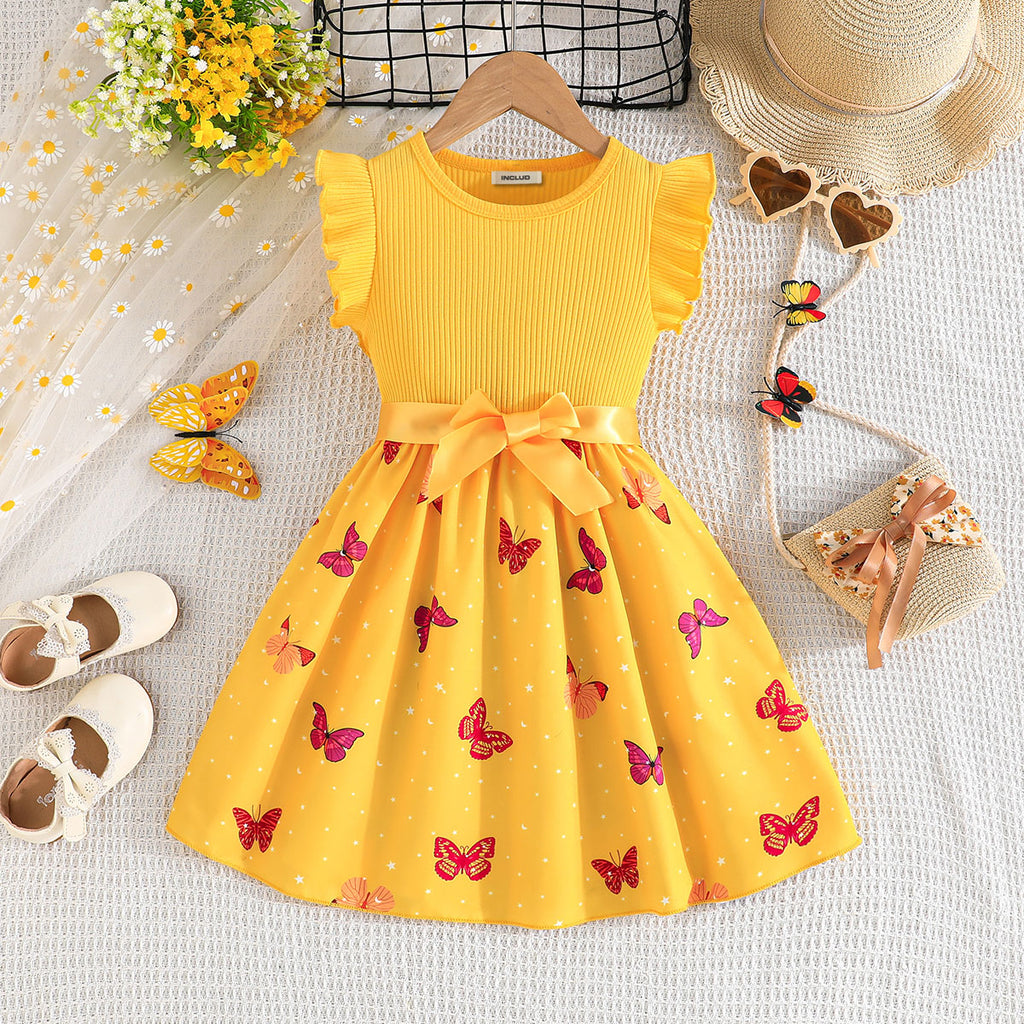 Girls Yellow Butterfly Printed Fit And Flared Casual Dress Casual Dresses Yellow 3-4 Y