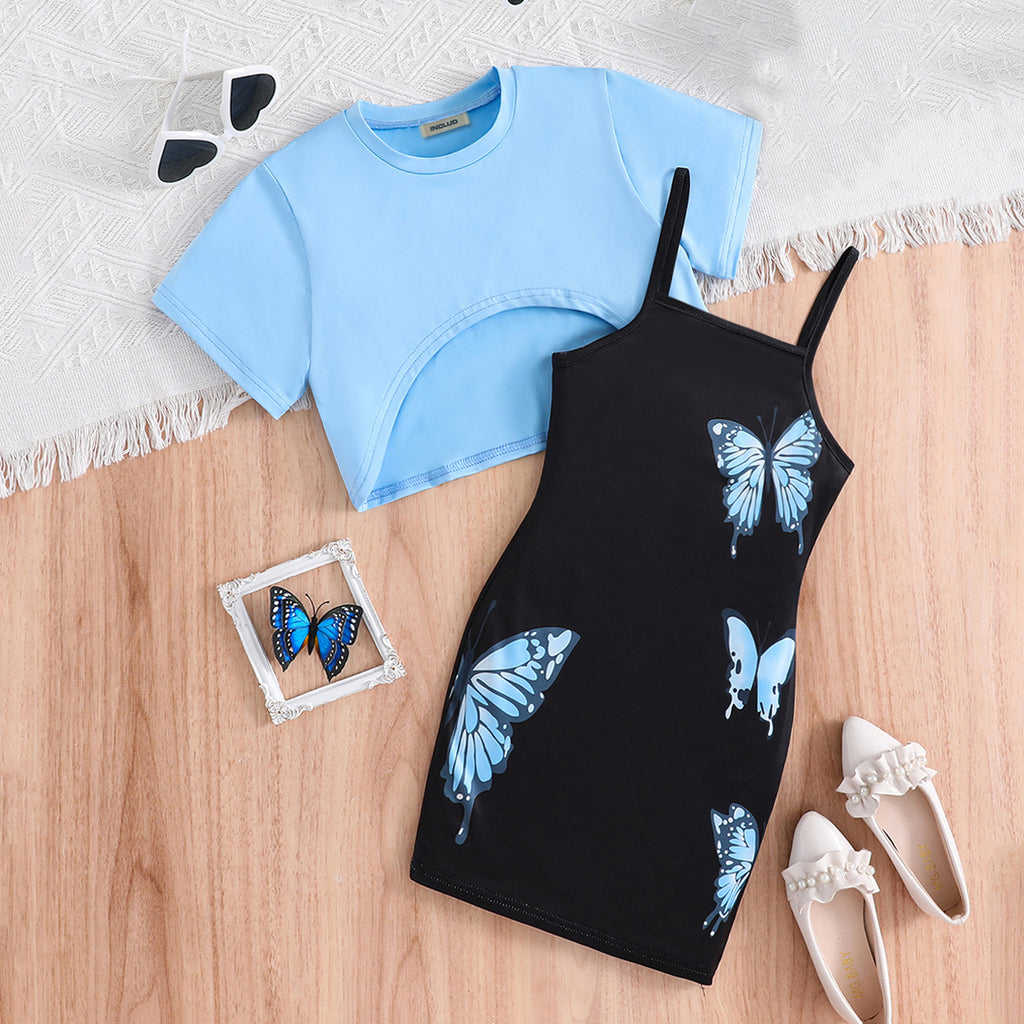 Girls Black Butterfly Printed Bodycon Dress With Short Sleeves Top Casual Dresses Black 7-8 Y
