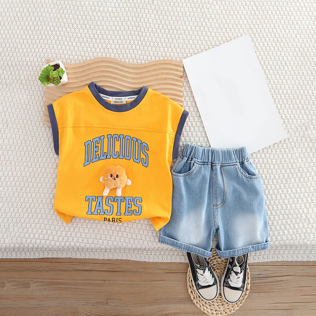 Boys Orange Printed Extended Sleeves T-Shirt With Denim Shorts Set 2 pc. Sets Orange 1-2 Y