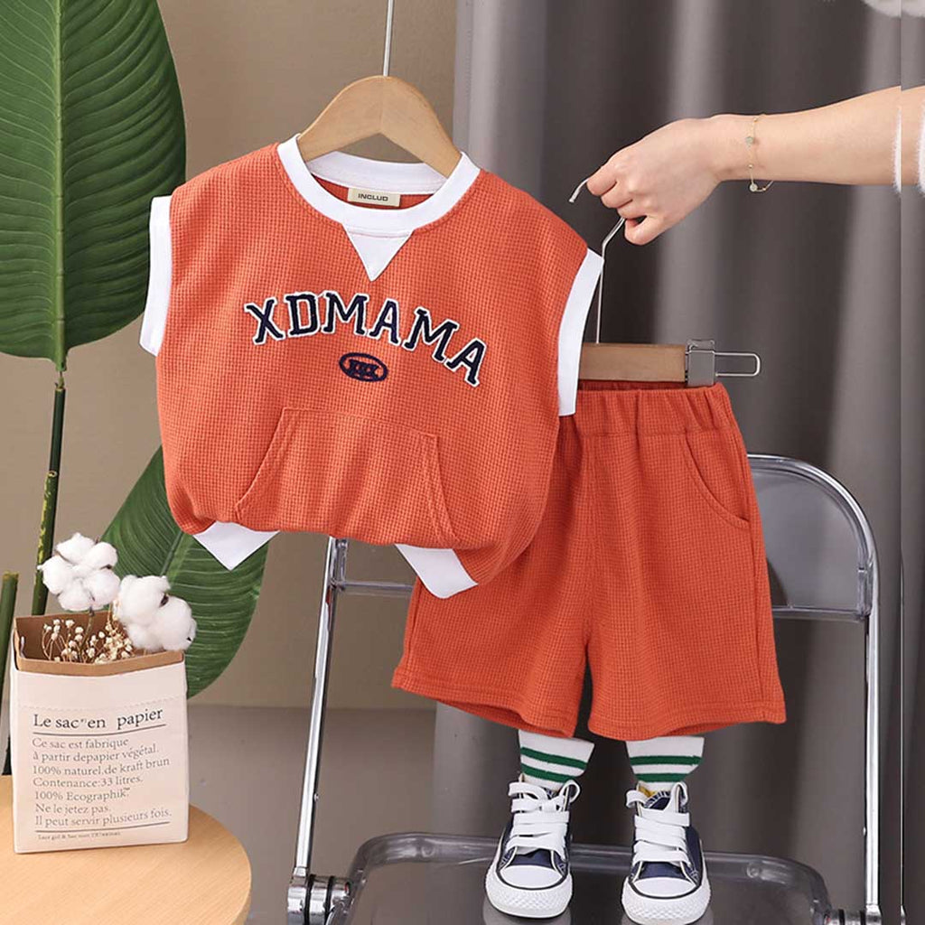 Boys Sleeveless Waffle Knit T-Shirt With Shorts Set 2 pc. Sets Orange 1-2 Y 