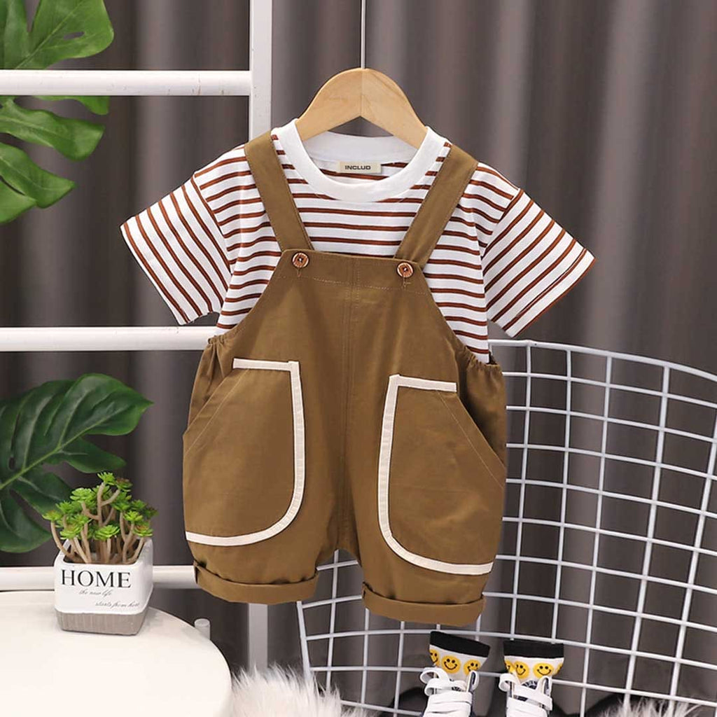 Boys Striped T-Shirt With Short Length Dungaree Set 2 pc. Sets Brown 1-2 Y 