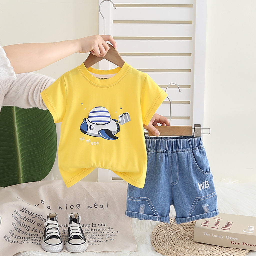 Boys Yellow Graphic Printed Short Sleeves T-Shirt With Denim Shorts Set 2 pc. Sets Yellow 1-2 Y