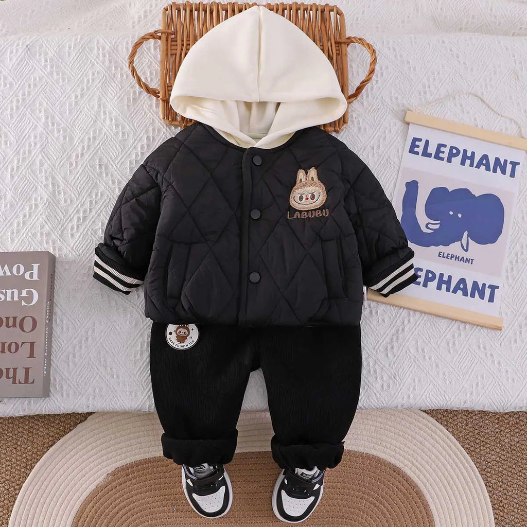 Boys Black Quilted Puffer Hooded Jacket With Jogger Sets Sets Black 1-2 Y