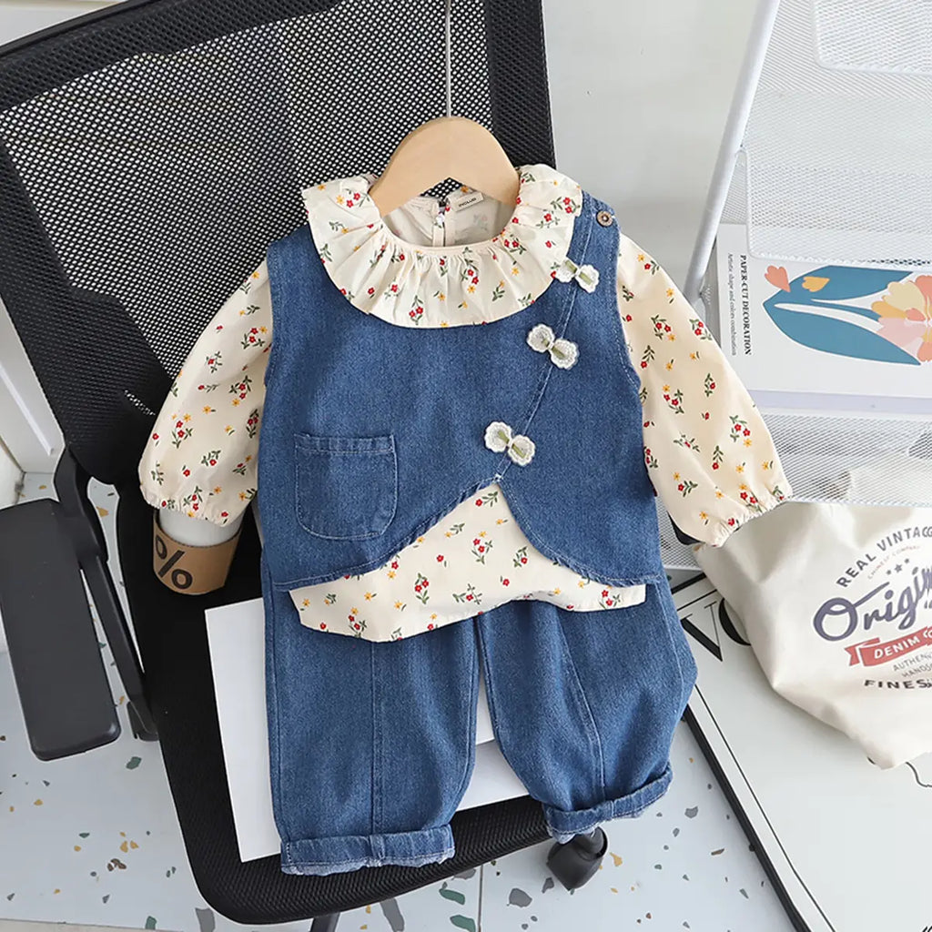 Girls Blue Denim Vest With Printed Top & Denim Pants Set Sets Blue 1-2 Y