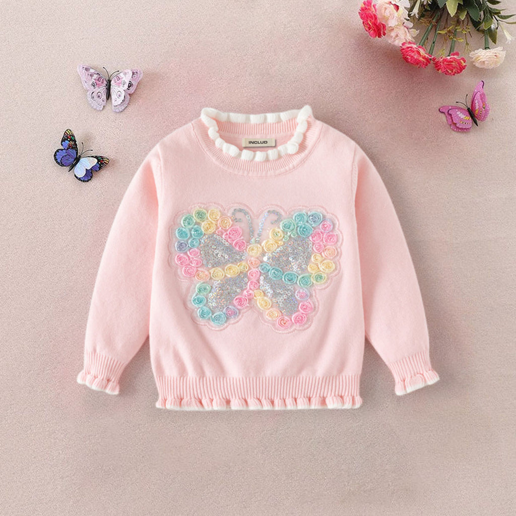Girls Light Pink Butterfly Applique Regular Sweater Sweaters & Cardigans Light Pink 2-3 Y