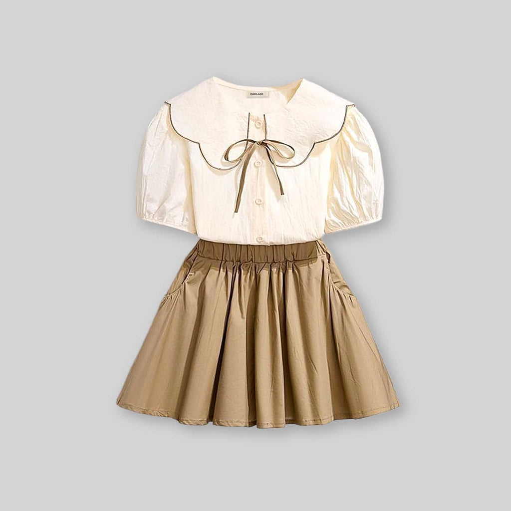 Girls Puff Sleeves Peter Pan Collar Top With Skirt Sets Khaki 4-5 Y 