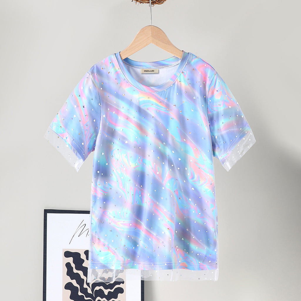 Girls Blue Printed Short Sleeve T-Shirt Tshirts Blue 12-13 Y