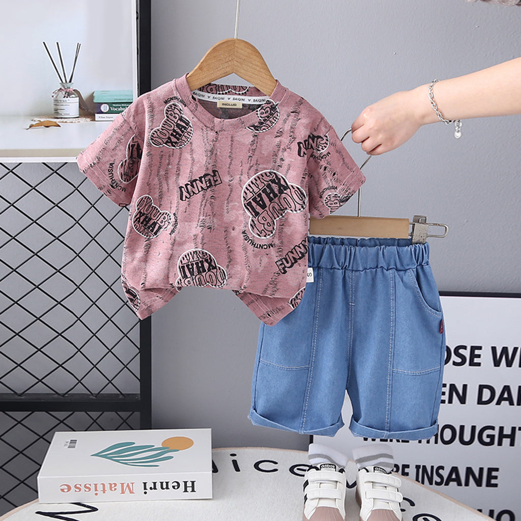 Boys Light Pink Distressed Printed T-Shirt With Denim Shorts Set 2 pc. Sets Light Pink 1-2 Y
