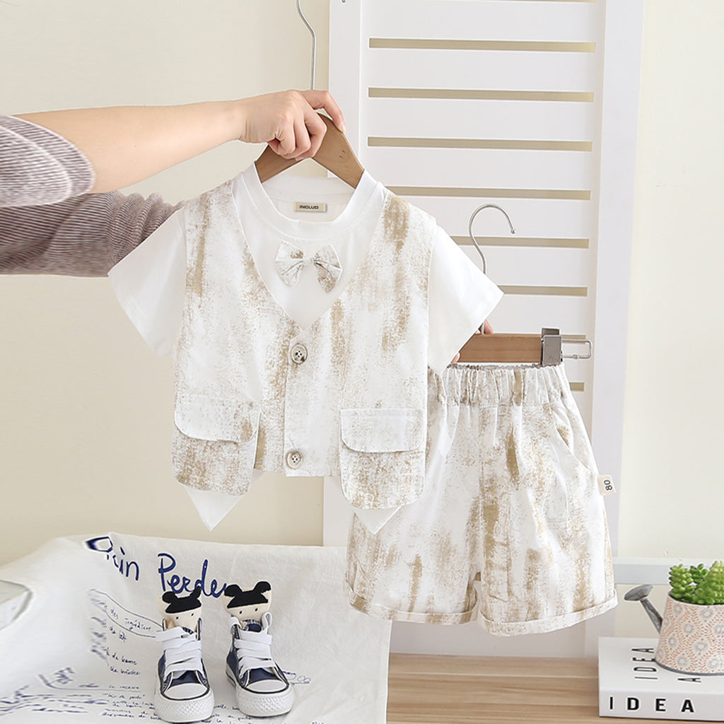 Boys Light Brown Printed Mock Waistcoat T-Shirt With Shorts Set 2 pc. Sets Light Brown 1-2 Y