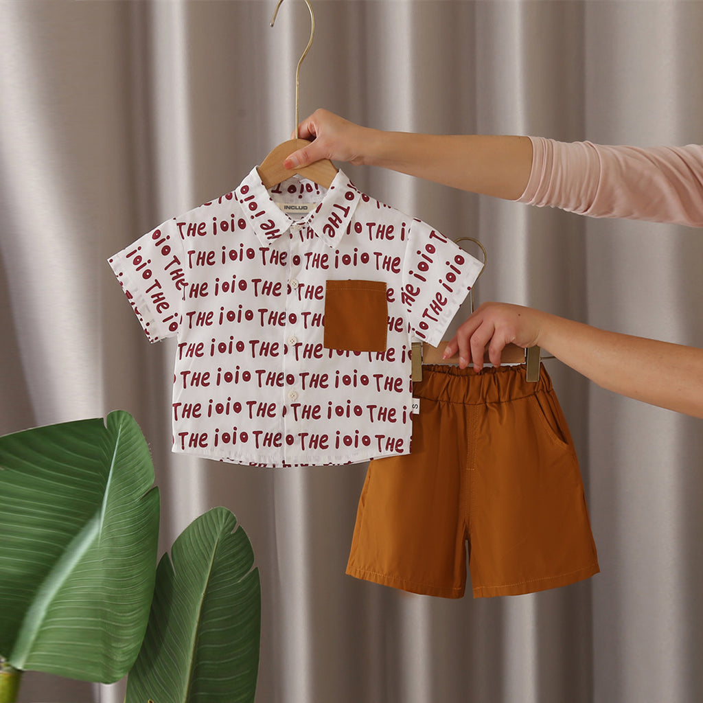 Boys Brown Printed Contrast Front Pocket Shirt With Shorts Set 2 pc. Sets Brown 1-2 Y