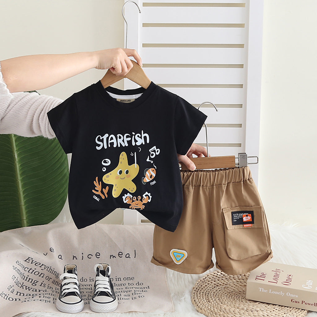 Boys Black Star Fish Graphic Short Sleeves T- Shirt With Shorts Set 2 pc. Sets Black 1-2 Y