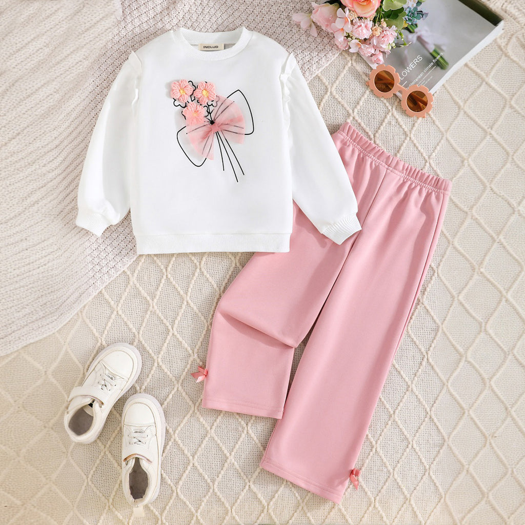 Girls White Printed Sweatshirt with Pink Flared Pants Set Sets Pink 3-4 Y