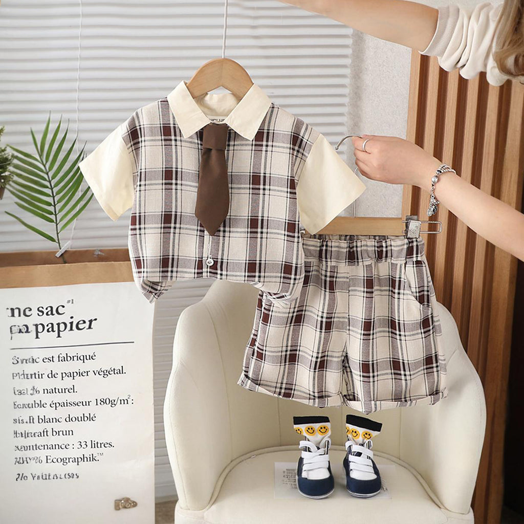 Boys Short Sleeve Check Shirt With Shorts 2 pc. Sets Brown 1-2 Y 