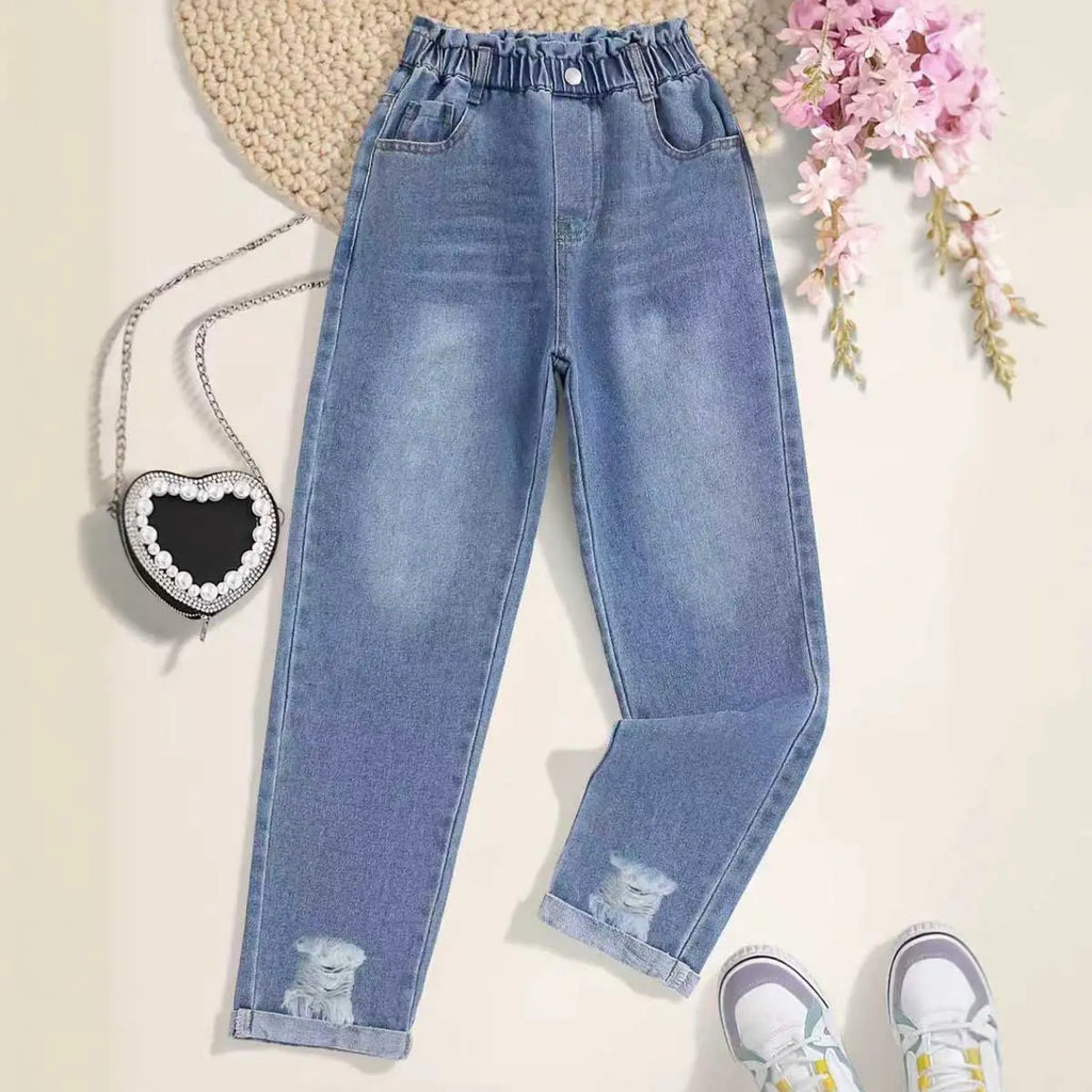 Girls Blue Solid Denim Pants With Elasticated Waistband Jeans Blue 7-8 Y