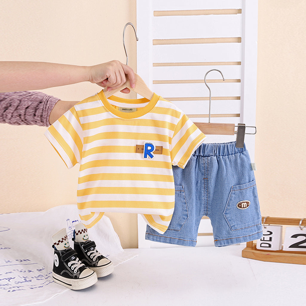 Boys Yellow Striped T-Shirt With Denim Shorts Set 2 pc. Sets Yellow 1-2 Y