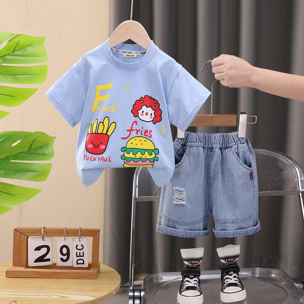 Boys Blue Printed T-shirt with Denim Shorts Set Sets Blue 1-2 Y