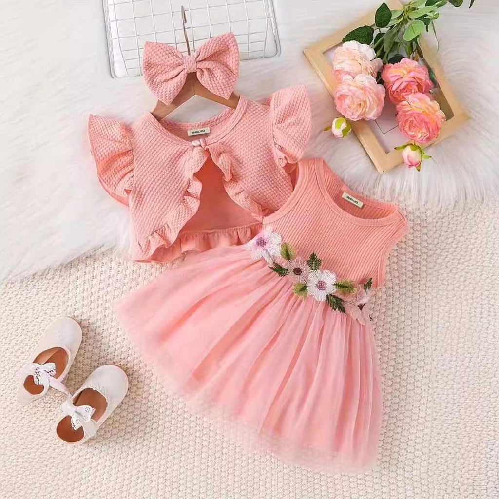 Girls Sleeveless Flower Embroidery Dress With Shrug &  Bow Set Casual Dresses Pink 1-2 Y 