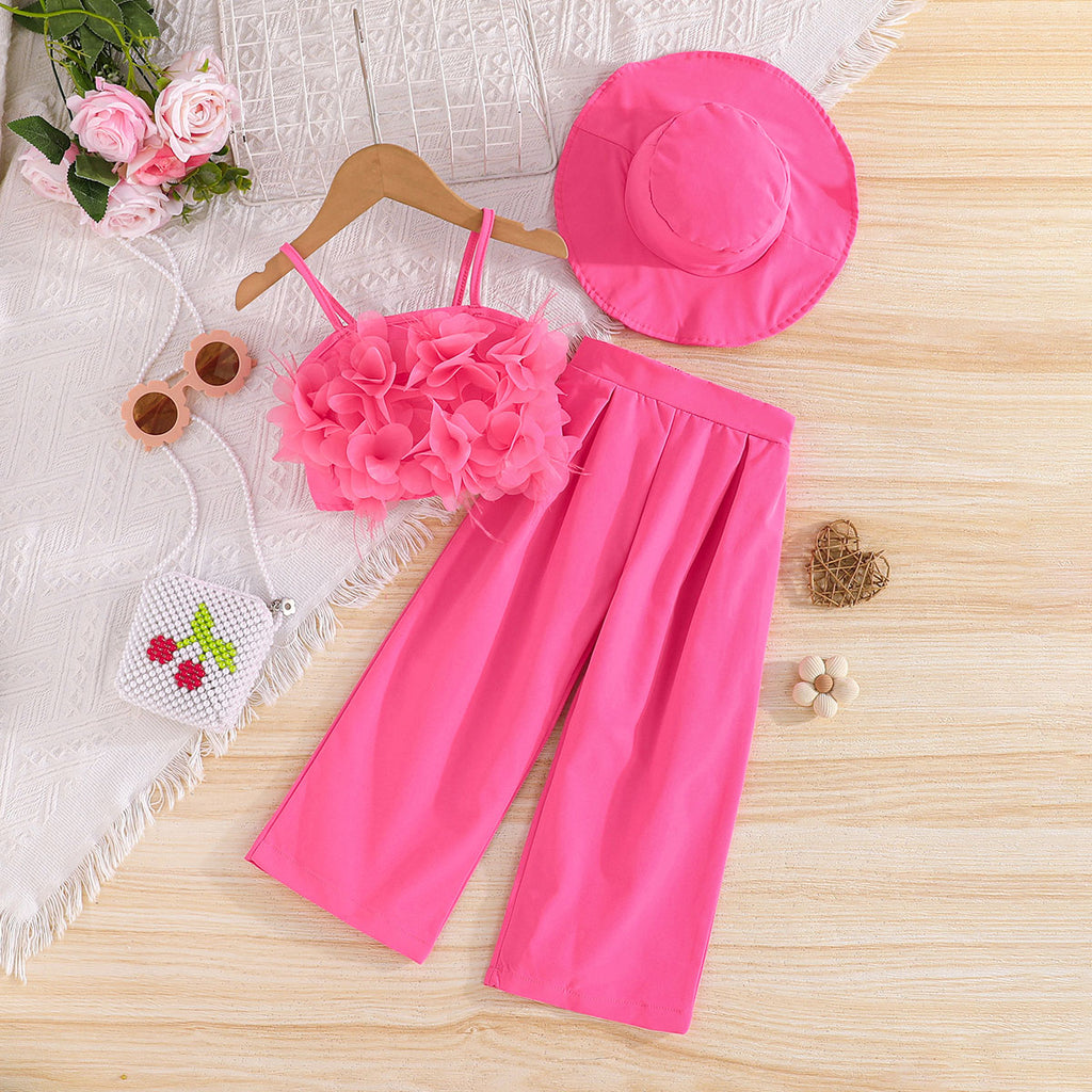 Girls Fuchsia Camisole Applique Top With Hat And Trousers Set 3 pc. Sets Fuchsia 2-3 Y