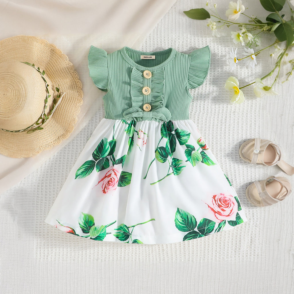 Girls Green Flared Sleeve Floral Printed Fit & Flare Dress Casual Dresses Green 1-2 Y