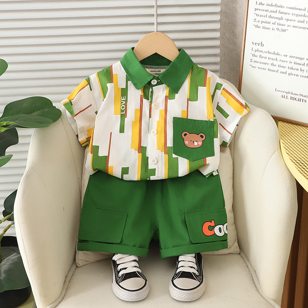 Boys Green Printed Short Sleeves Shirt With Shorts Set 2 pc. Sets Green 1-2 Y