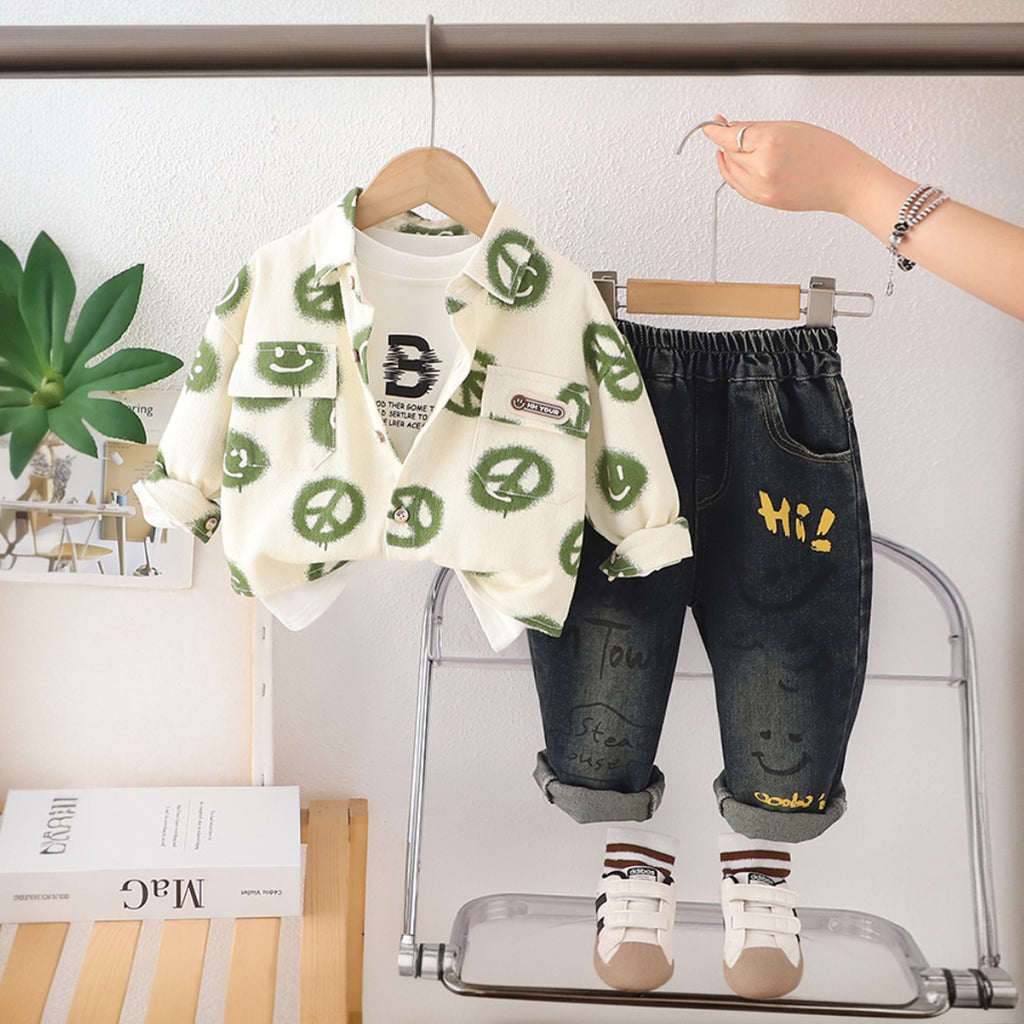Boys Green Abstract Printed Shirt With T-Shirt and Denim Pants Set Sets Green 1-2 Y