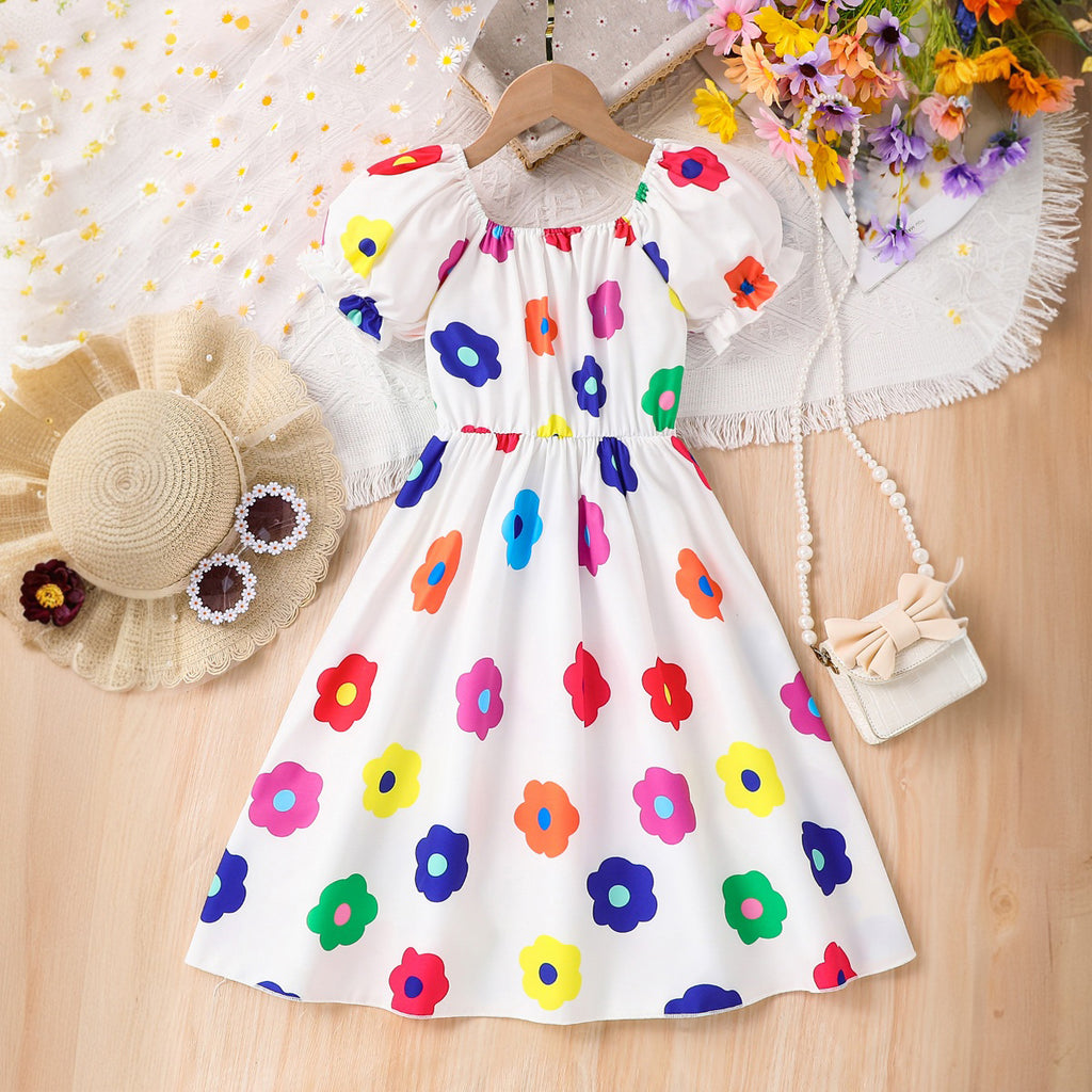 Girls White Floral Printed Puff Sleeves Fit And Flared Summer Dress Casual Dresses White 3-4 Y