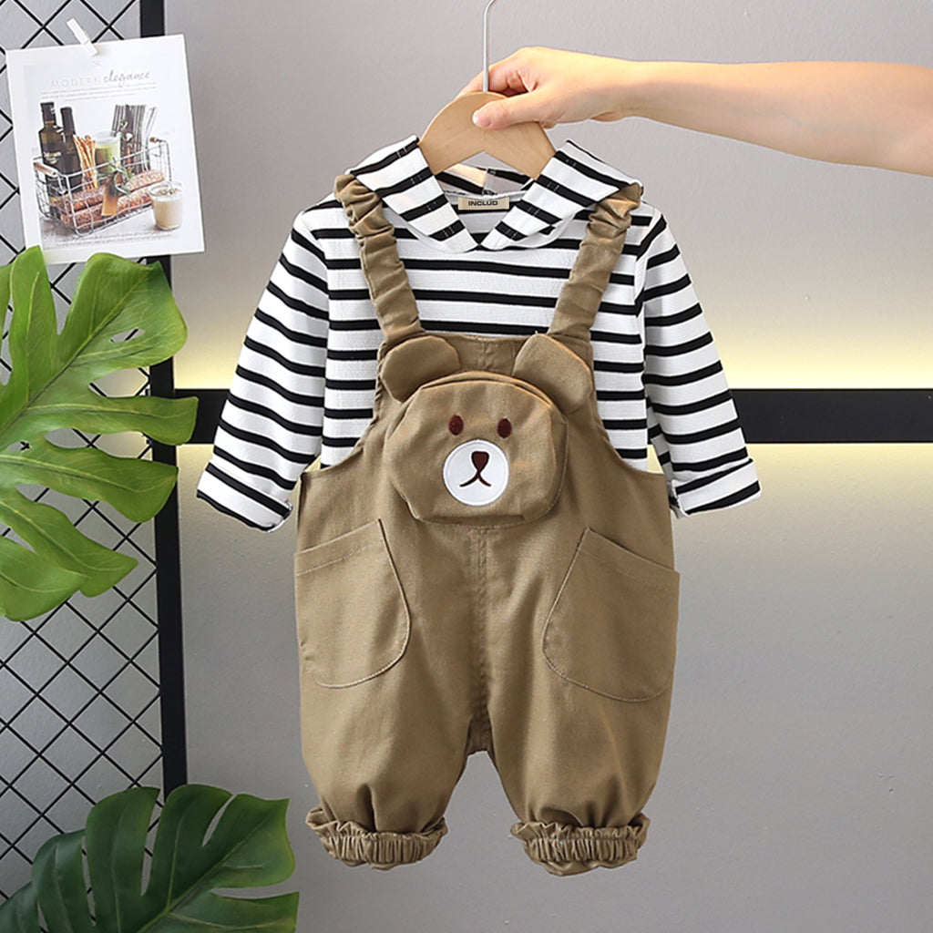 Boys Khaki Bear Face Pocketed Dungaree With Striped Hooded T-Shirt Set 2 pc. Sets Khaki 1-2 Y