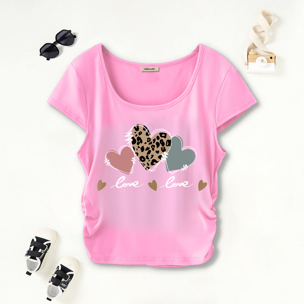 Girls Light Pink Hearts Printed Short Sleeves Scoop Neck T-Shirt Tshirts Light Pink 7-8 Y