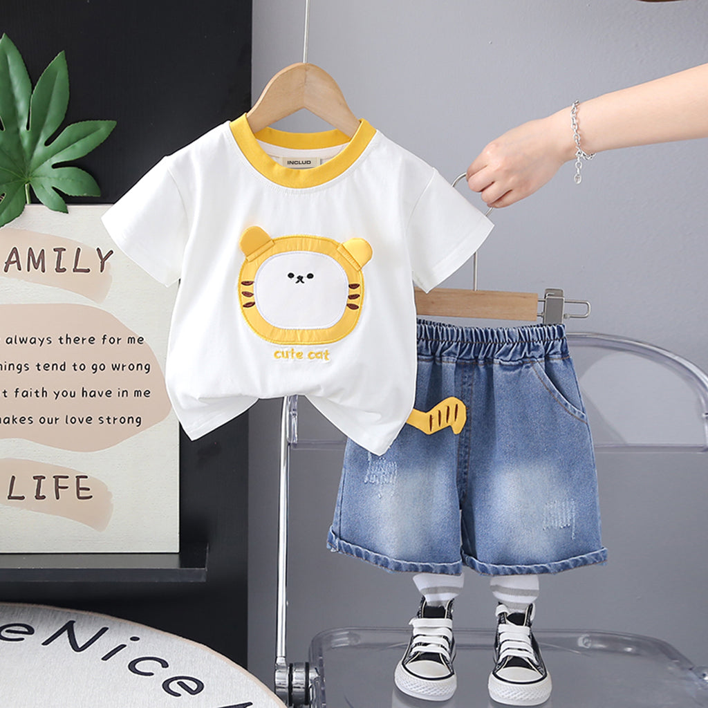 Boys White Cat Appliqued Short Sleeves T-Shirt With Denim Shorts Set 2 pc. Sets White 1-2 Y
