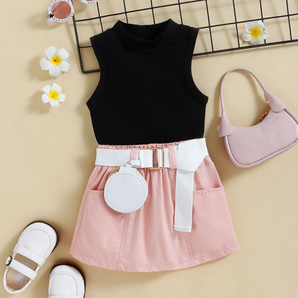 Girls Sleeveless Knitted Top With Skirt & Belt 3 pc. Sets Black 1-2 Y 