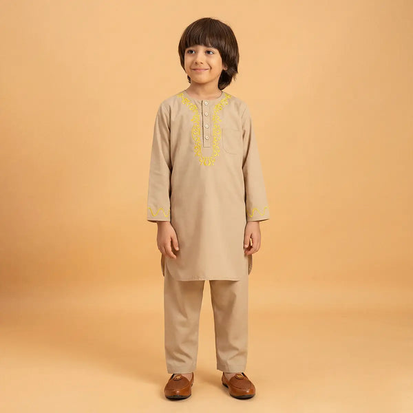 Boys Khaki Embroidered Kurta With Pajama Sets Ethnicwear Boys Khaki 2-3 Y