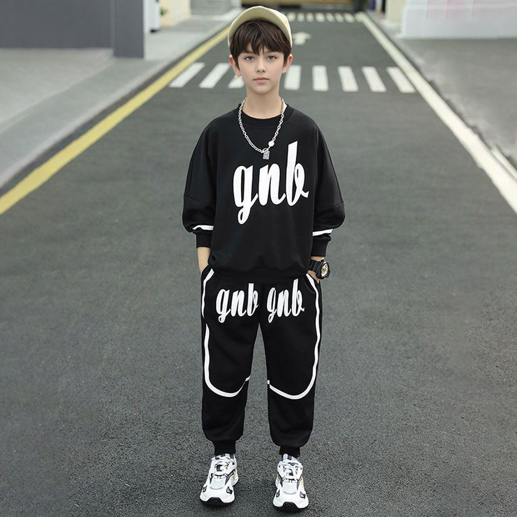 Boys Black Printed Round Neck Sweatshirt With Pants Sets 2 pc. Sets Black 5-6 Y