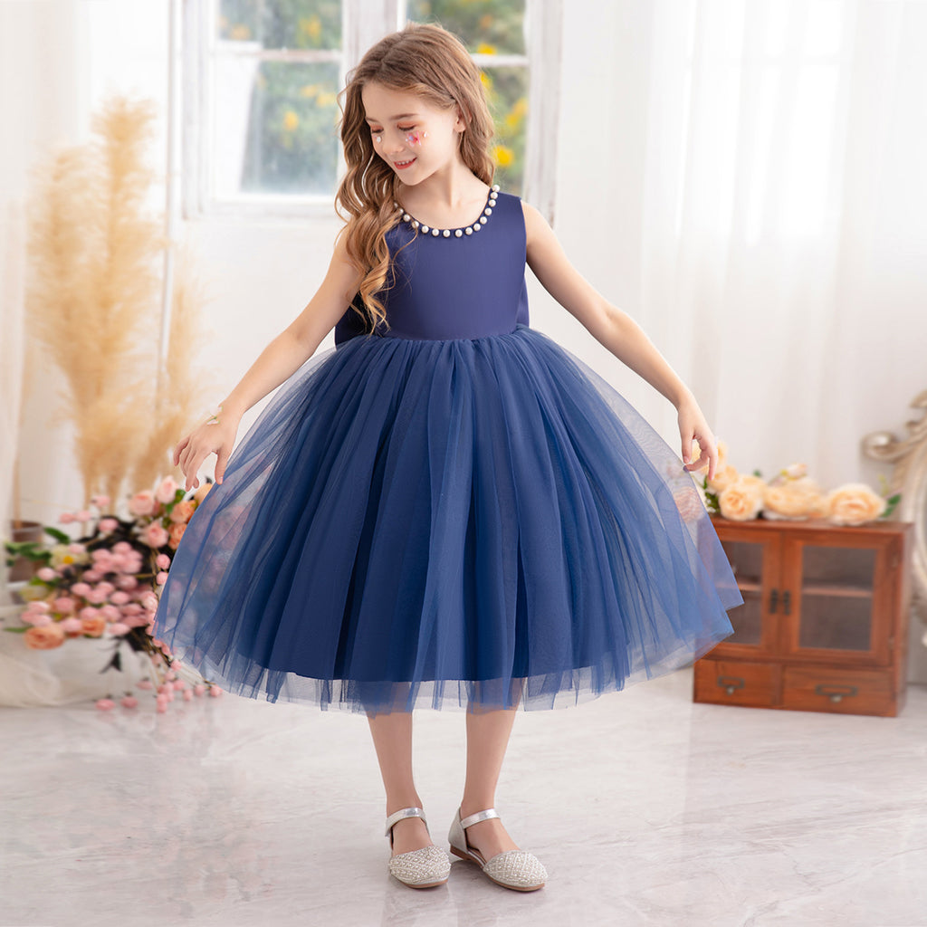 Girls Navy Blue Beaded Neck Party Dress with Statement Back Bow Party Dresses