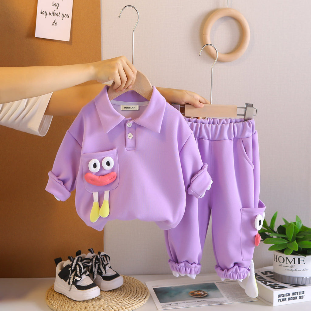 Girls Purple Solid Polo Neck Sweatshirt With Joggers Co-ord Set 2 pc. Sets Purple 1-2 Y