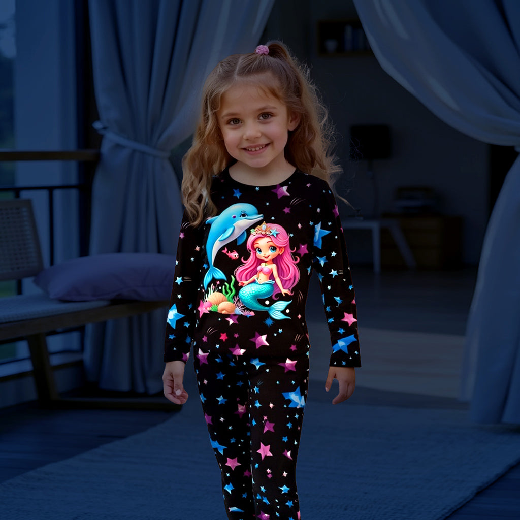 Girls Black Mermaid Printed Glow in the Dark T-Shirt With Pajama Winter Set 2 pc. Sets Black 3-4 Y