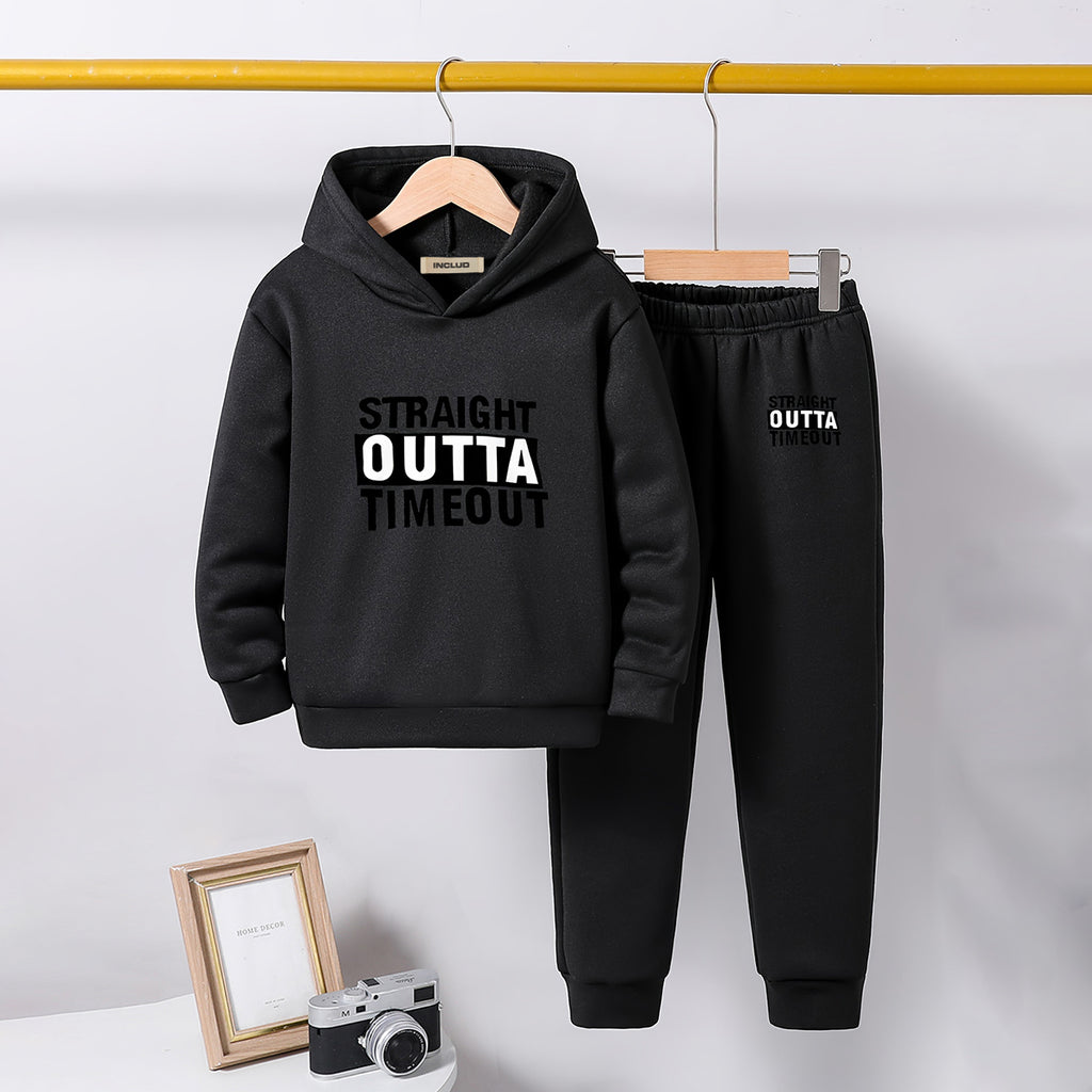 Boys Black Typographic Printed Hooded Sweatshirt with Joggers Set Sets Black 5-6 Y