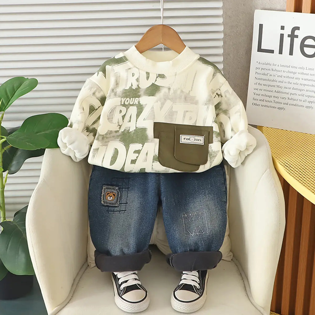 Boys Green Typographic Regular Sweatshirt With Denim Trousers Sets 2 pc. Sets Green 1-2 Y