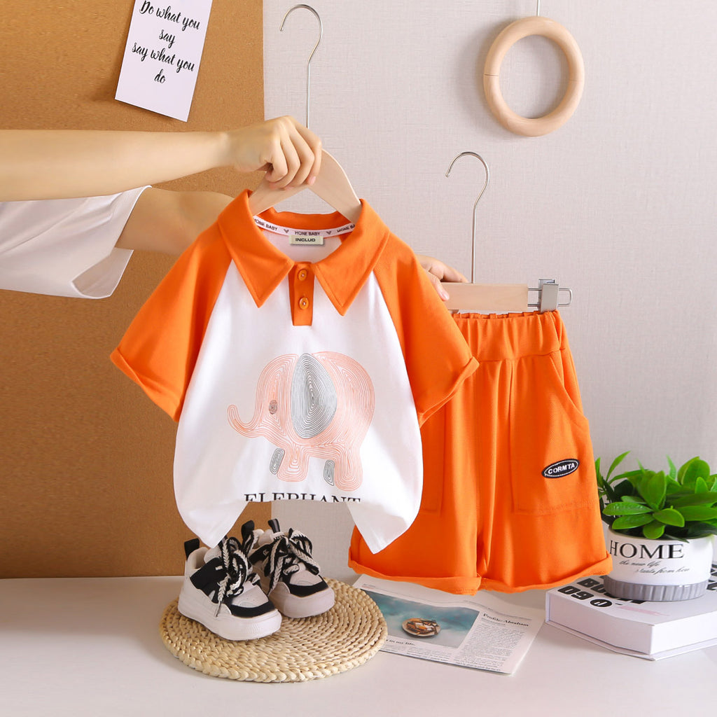 Boys Orange Elephant Printed Raglan Sleeves Polo T-Shirt With Shorts Set 2 pc. Sets Orange 1-2 Y