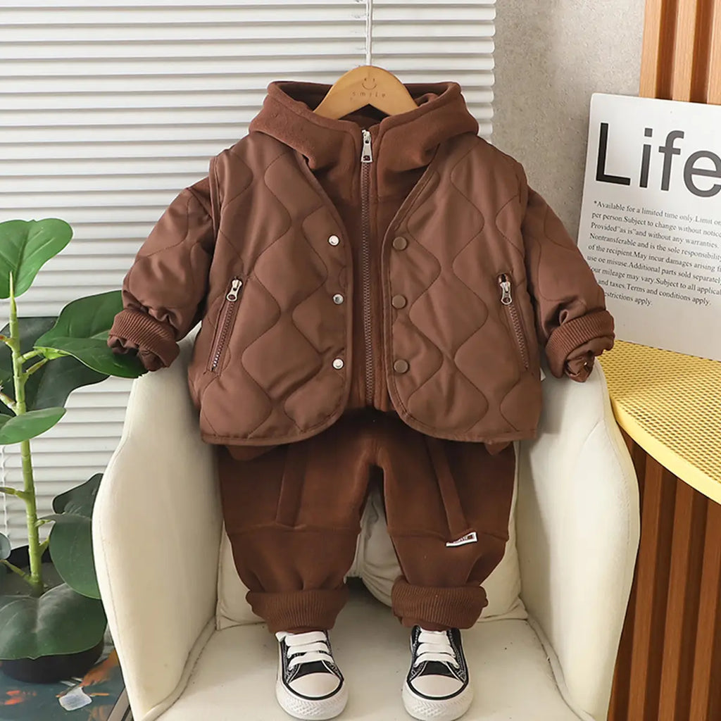Boys Brown Self-Design Sleeveless Jacket With Sweatshirt & Pants Sets 3 pc. Sets Brown 1-2 Y