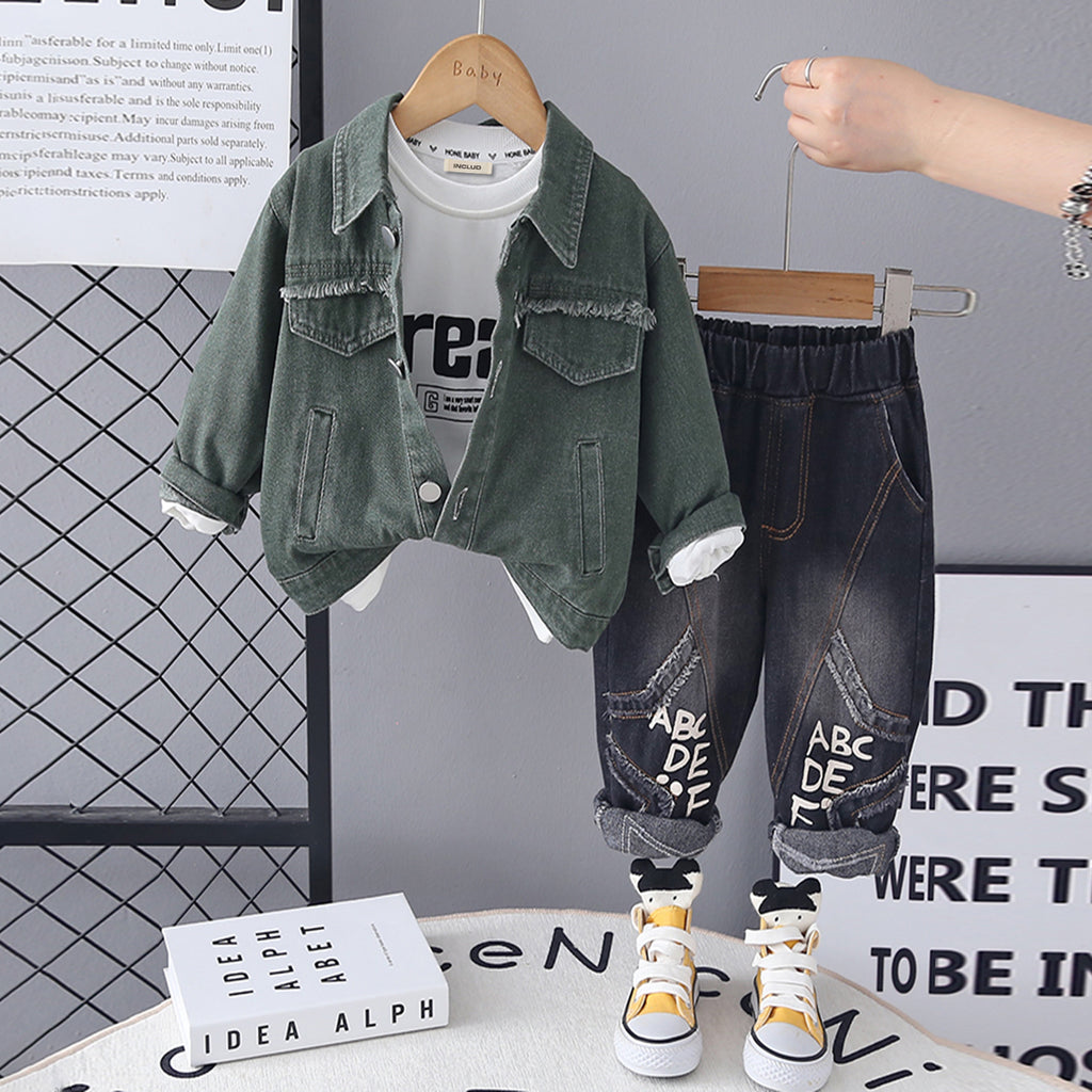 Boys Green Solid Denim Jacket With Printed T-Shirt & Denim Pants Set Sets Green 1-2 Y