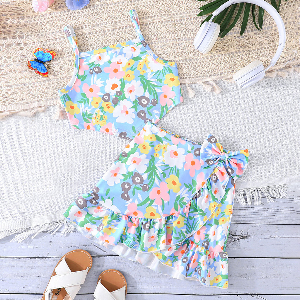 Girls Blue Floral Printed Camisole Top With Skirt Set 2 pc. Sets Blue 2-3 Y
